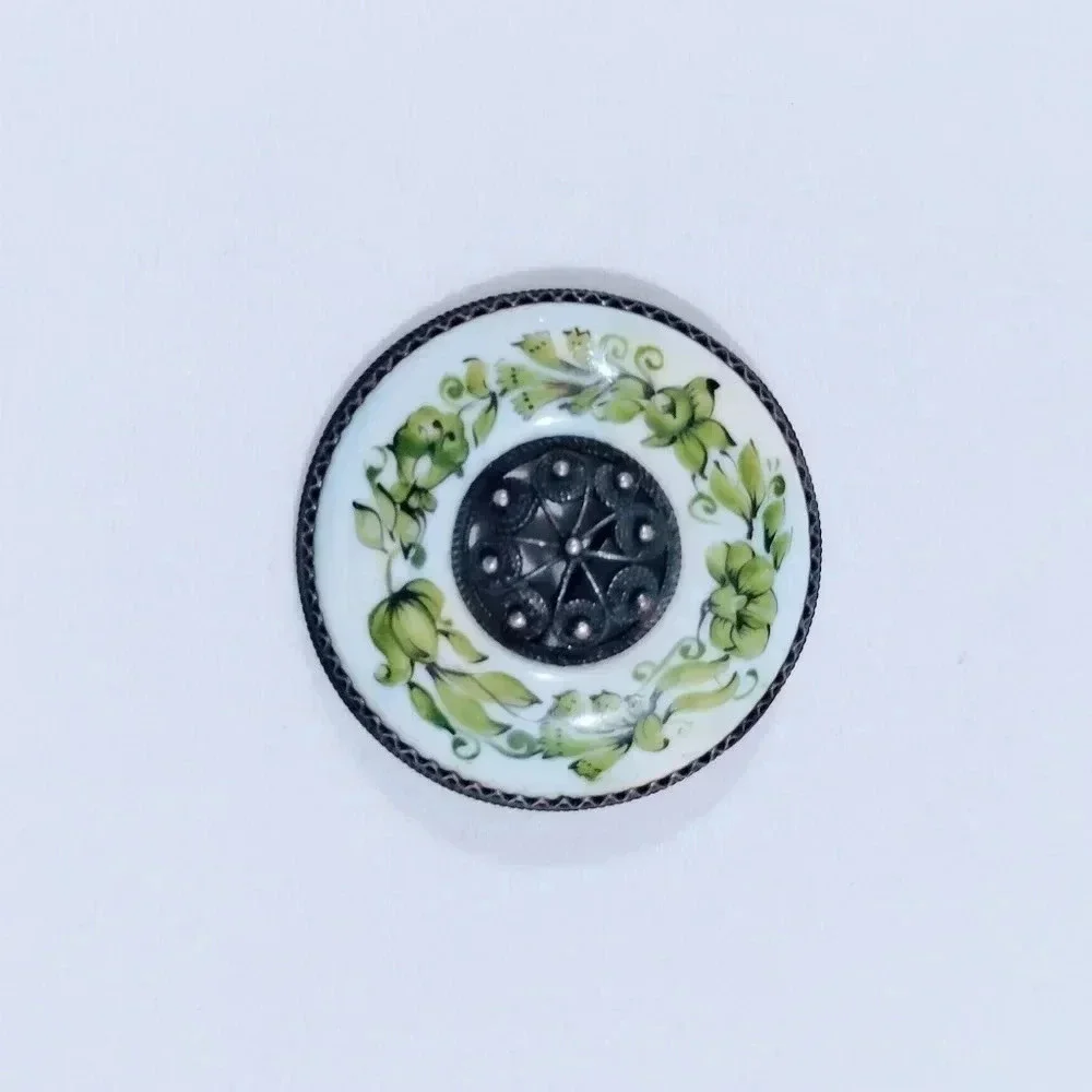 Antique Brooch Porcelain Green Botanical Garland Silver Metalwork